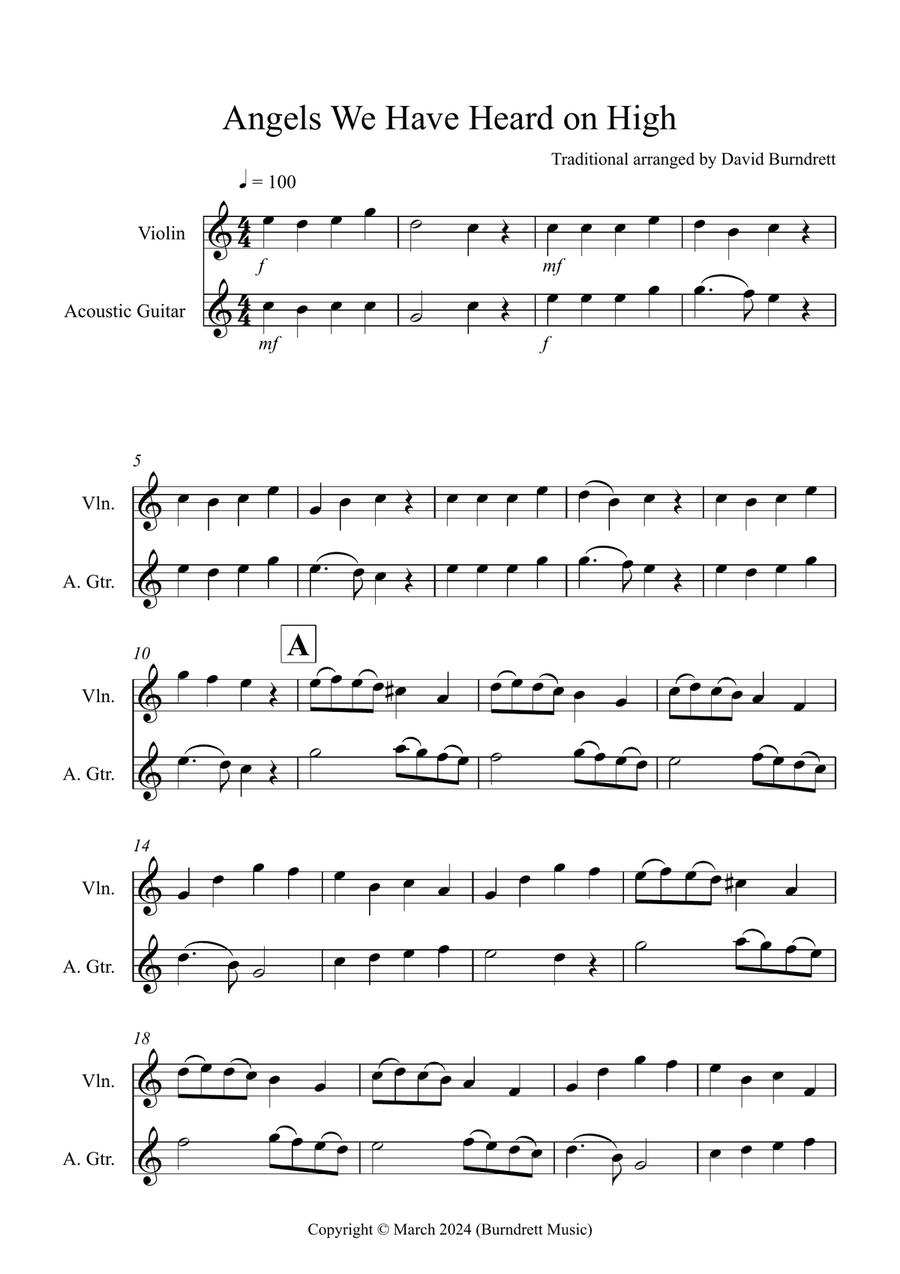 Angels We Have Heard on High for Violin and Guitar Duet String Duet scores gallery preview page 1