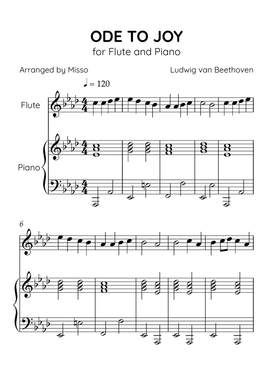 Ode to Joy - Flute and Piano in Ab Major - Beginner Level - Sheet Music Flute scores gallery preview page 1