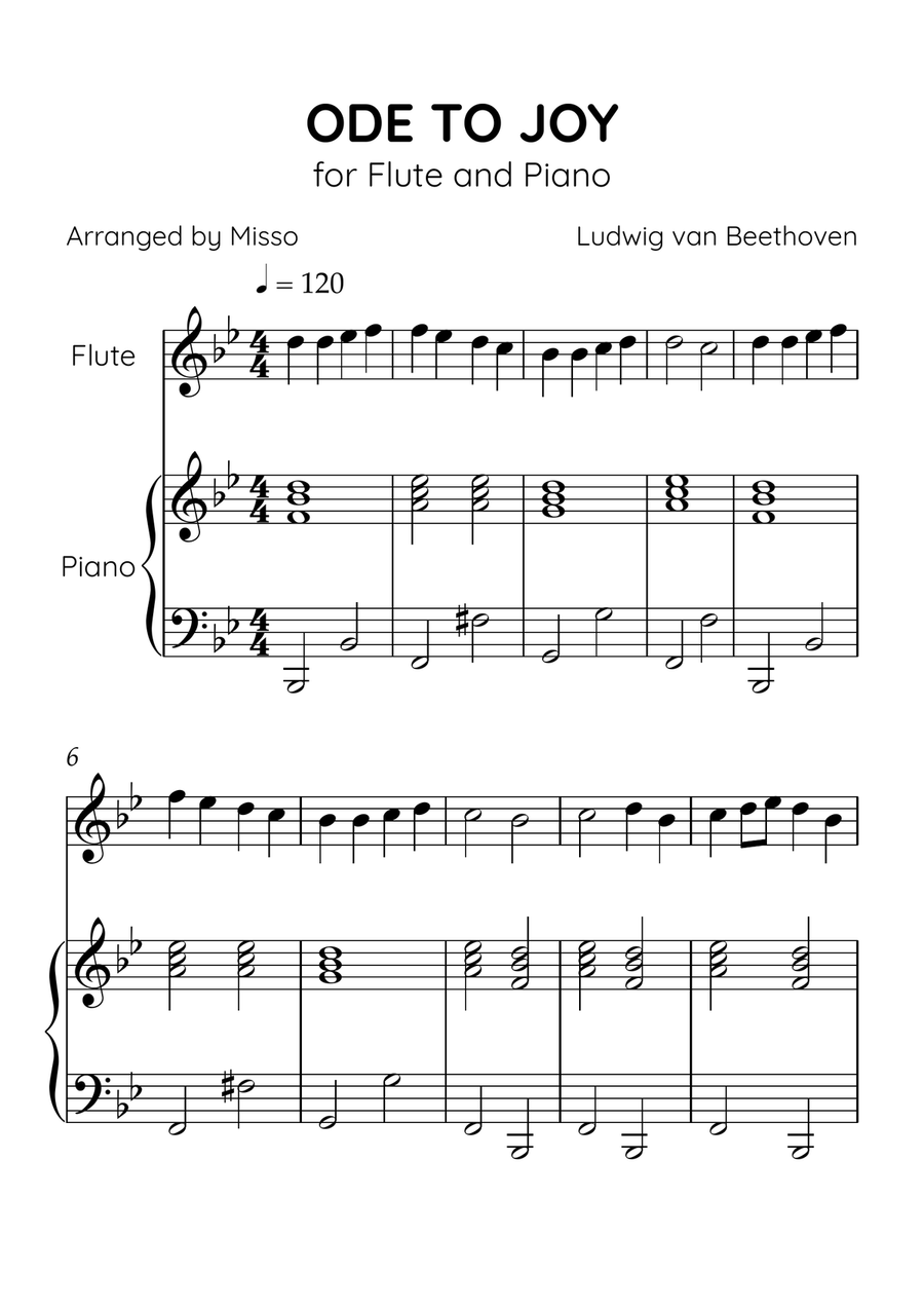 Ode to Joy - Flute and Piano in Bb Major - Beginner Level - Sheet Music Flute scores gallery preview page 1