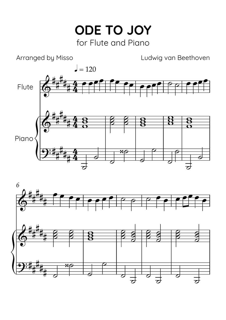 Ode to Joy - Flute and Piano in B Major - Beginner Level - Sheet Music Flute scores gallery preview page 1