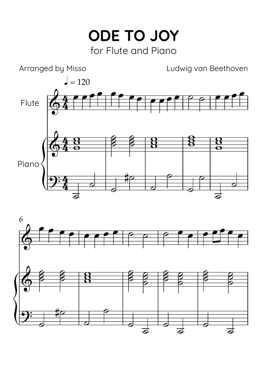 Ode to Joy - Flute and Piano in C Major - Beginner Level - Sheet Music Flute scores gallery preview page 1