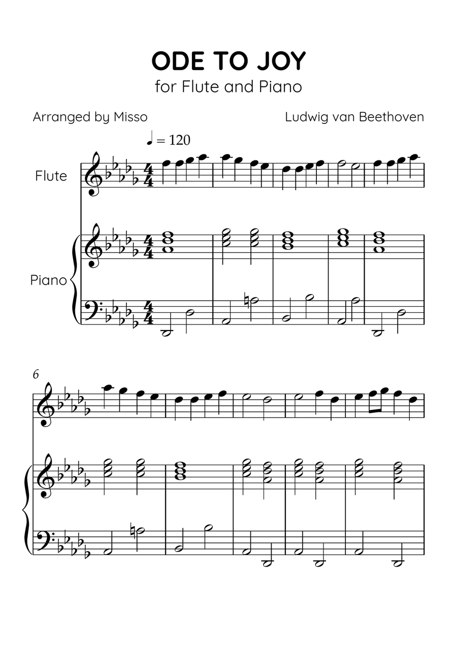 Ode to Joy - Flute and Piano in Db Major - Beginner Level - Sheet Music Flute scores gallery preview page 1
