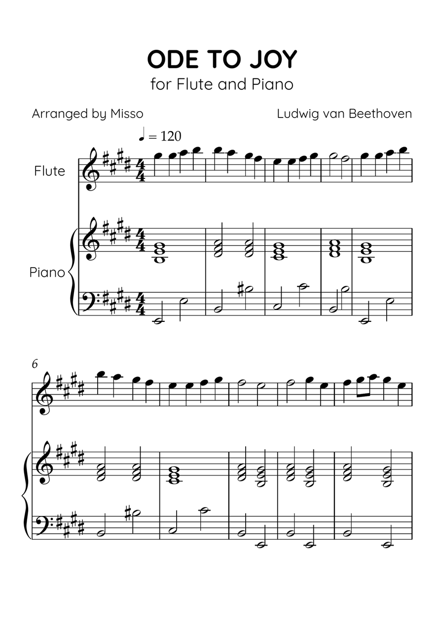 Ode to Joy - Flute and Piano in E Major - Beginner Level - Sheet Music Flute scores gallery preview page 1