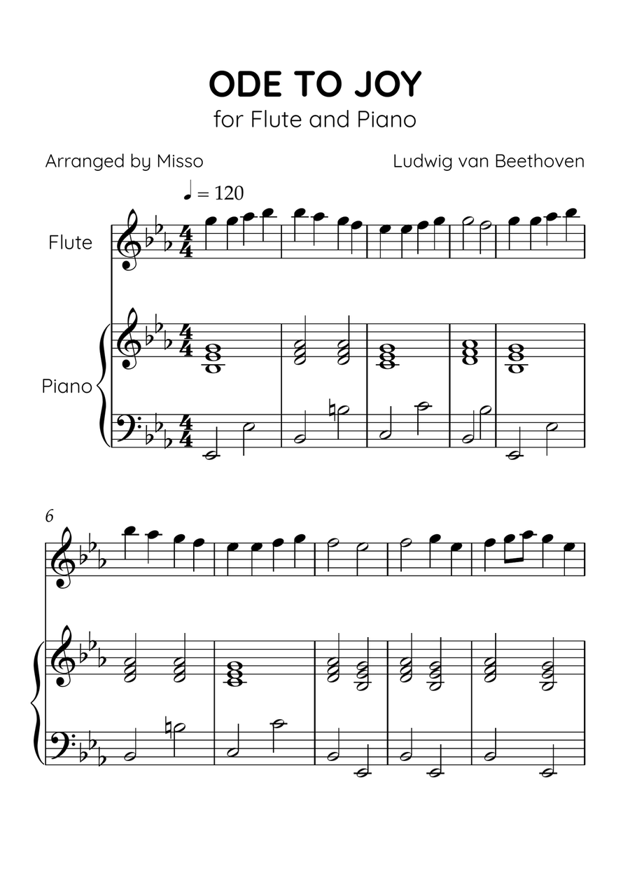 Ode to Joy - Flute and Piano in Eb Major - Beginner Level - Sheet Music Flute scores gallery preview page 1