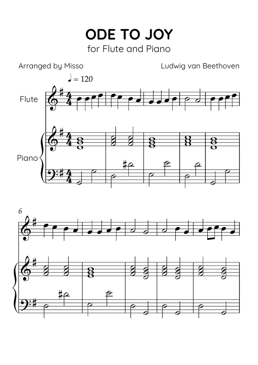 Ode to Joy - Flute and Piano in G Major - Beginner Level - Sheet Music Flute scores gallery preview page 1