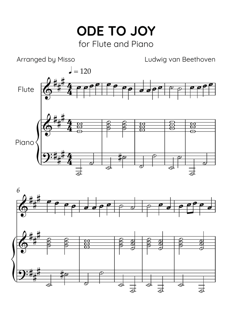 Ode to Joy - Flute and Piano in A Major - Beginner Level Letter Names - Sheet Music Flute scores gallery preview page 1