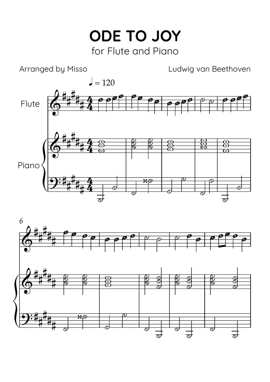 Ode to Joy - Flute and Piano in B Major - Beginner Level Letter Names - Sheet Music Flute scores gallery preview page 1