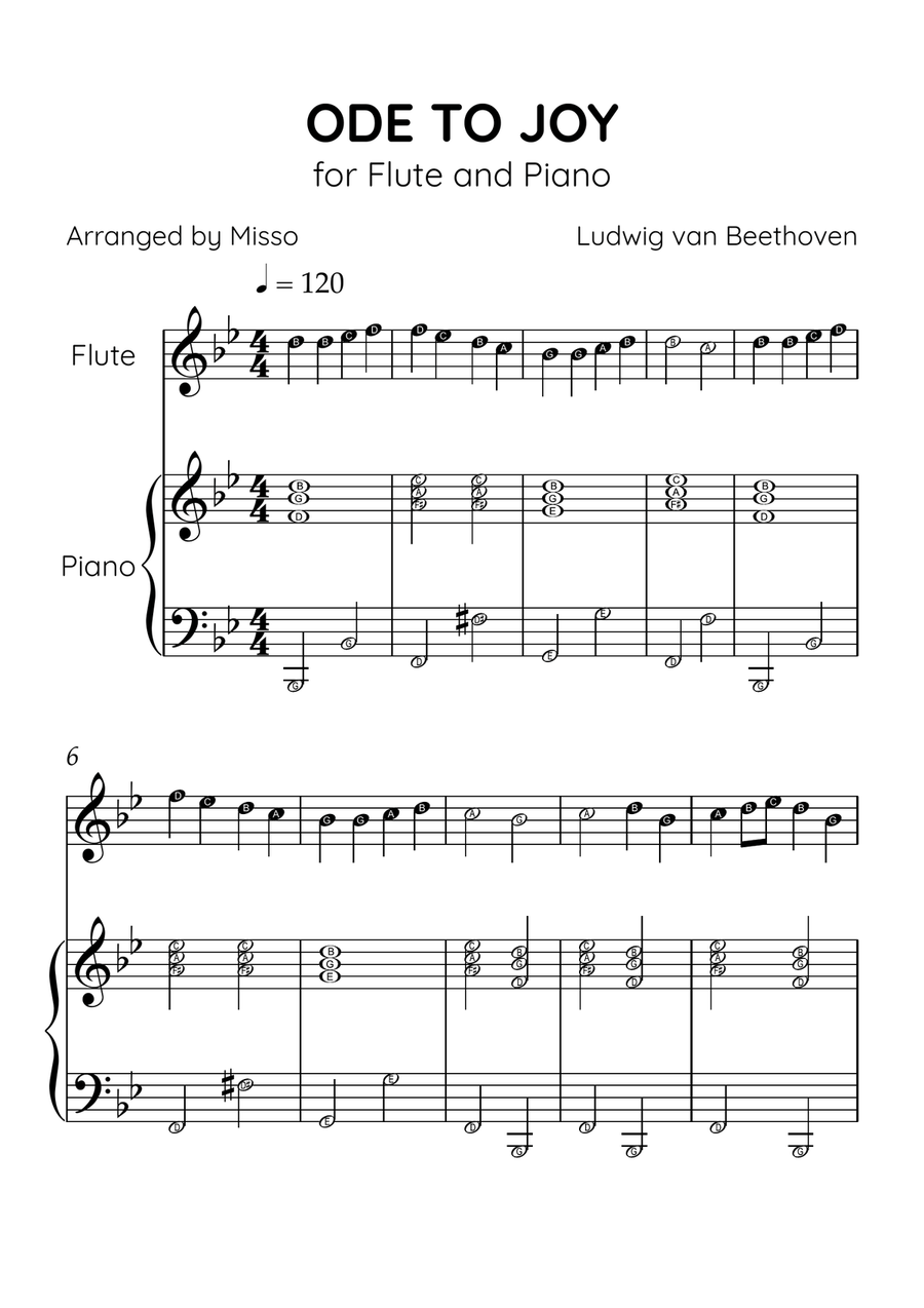 Ode to Joy - Flute and Piano in Bb Major - Beginner Level Letter Names - Sheet Music Flute scores gallery preview page 1