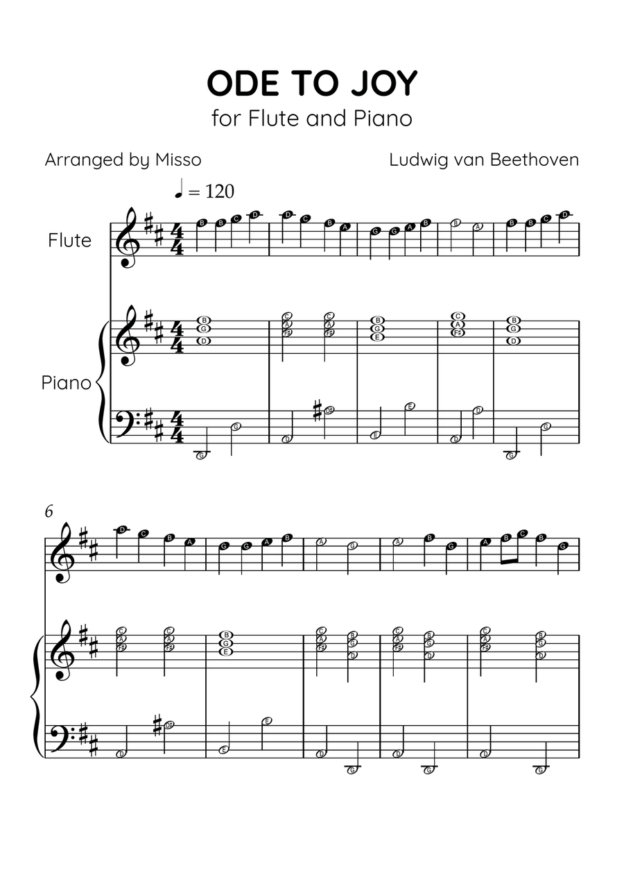 Ode to Joy - Flute and Piano in D Major - Beginner Level Letter Names - Sheet Music Flute scores gallery preview page 1