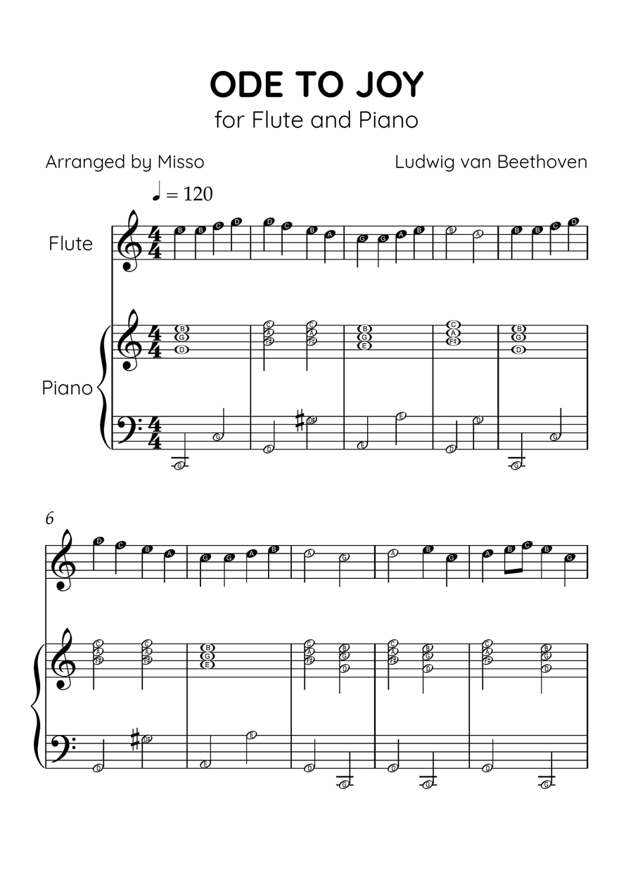 Ode to Joy - Flute and Piano in C Major - Beginner Level Letter Names - Sheet Music Flute scores gallery preview page 1