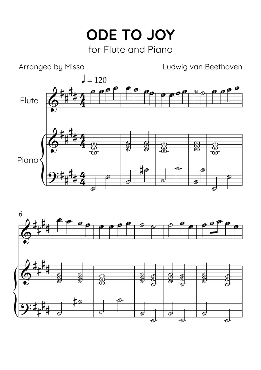 Ode to Joy - Flute and Piano in E Major - Beginner Level Letter Names - Sheet Music Flute scores gallery preview page 1