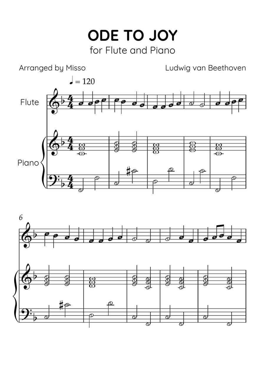Ode to Joy - Flute and Piano in F Major - Beginner Level Letter Names - Sheet Music Flute scores gallery preview page 1