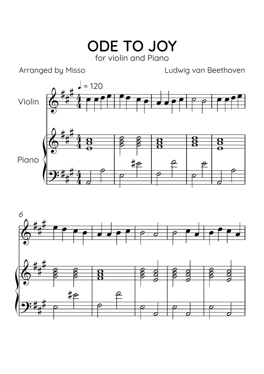 Ode To Joy - Violin and Piano in A Major - Beginner Level - Sheet Music Violin Solo scores gallery preview page 1