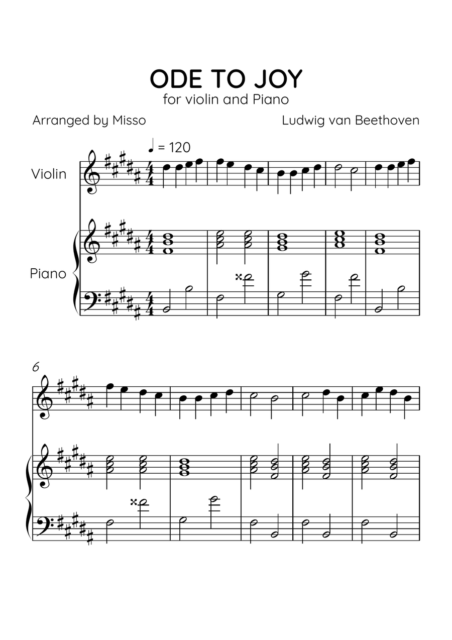 Ode to Joy - Violin and Piano in B Major - Beginner Level - Sheet Music Violin Solo scores gallery preview page 1