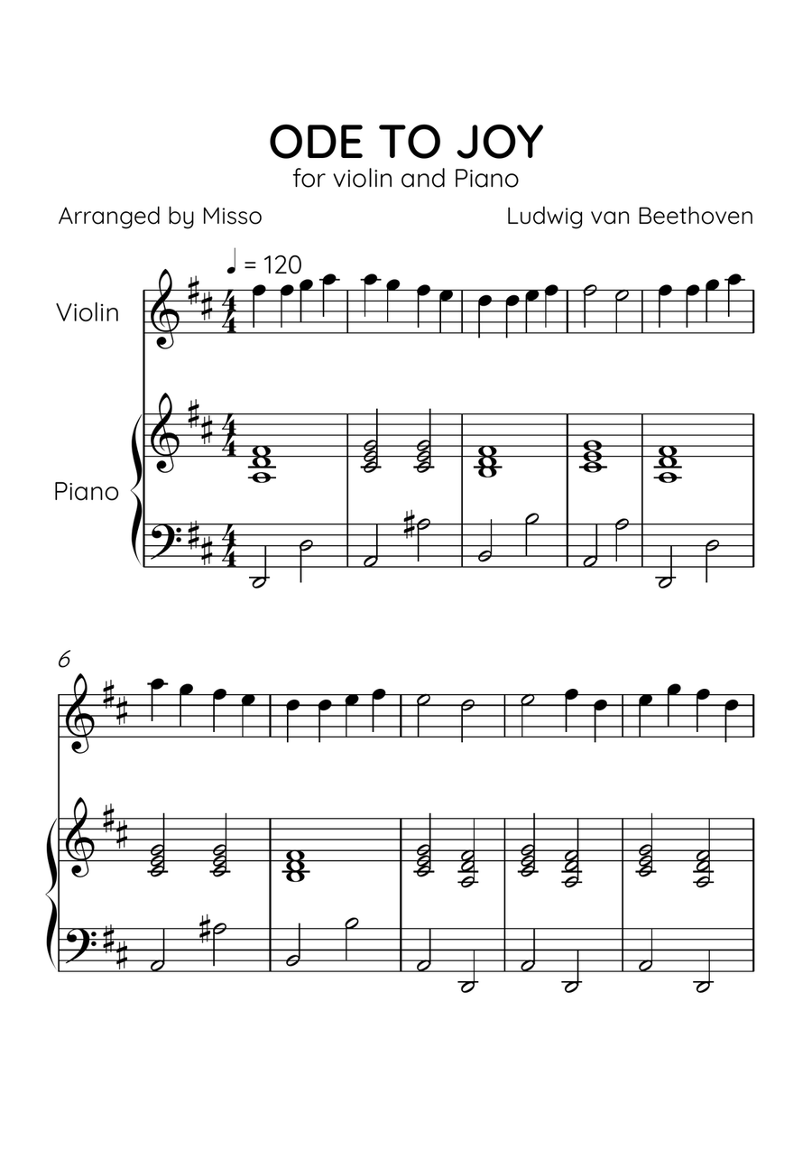 Ode to Joy - Violin and Piano in D Major - Beginner Level - Sheet Music Violin Solo scores gallery preview page 1