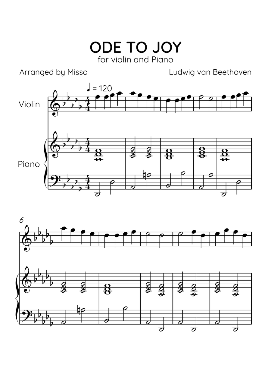 Ode to Joy - Violin and Piano in Db Major - Beginner Level - Sheet Music Violin Solo scores gallery preview page 1