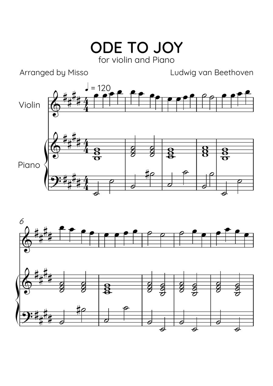 Ode to Joy - Violin and Piano in E Major - Beginner Level - Sheet Music Violin Solo scores gallery preview page 1