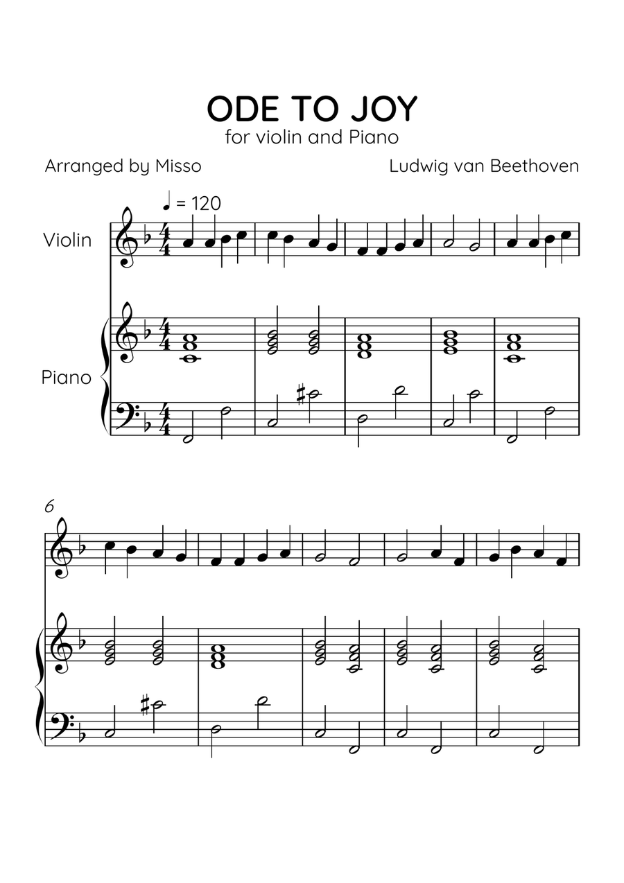 Ode to Joy - Violin and Piano in F Major - Beginner Level - Sheet Music Violin Solo scores gallery preview page 1