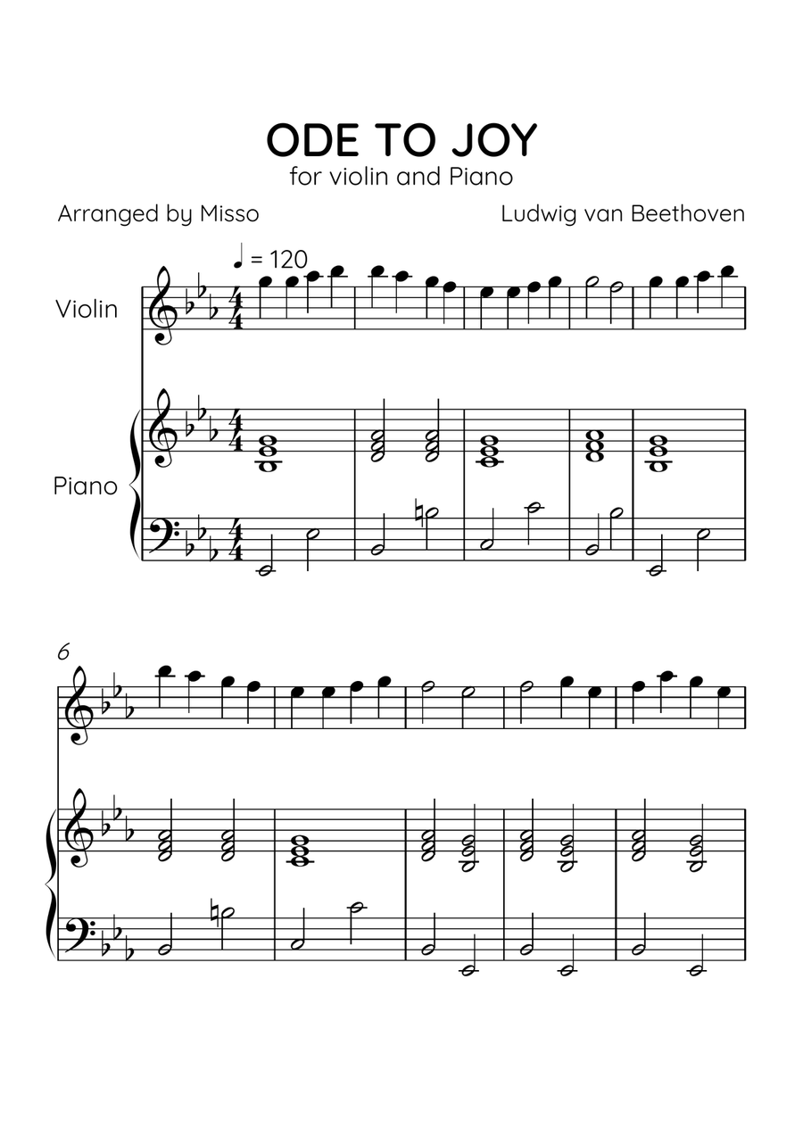 Ode to Joy - Violin and Piano in Eb Major - Beginner Level - Sheet Music Violin Solo scores gallery preview page 1