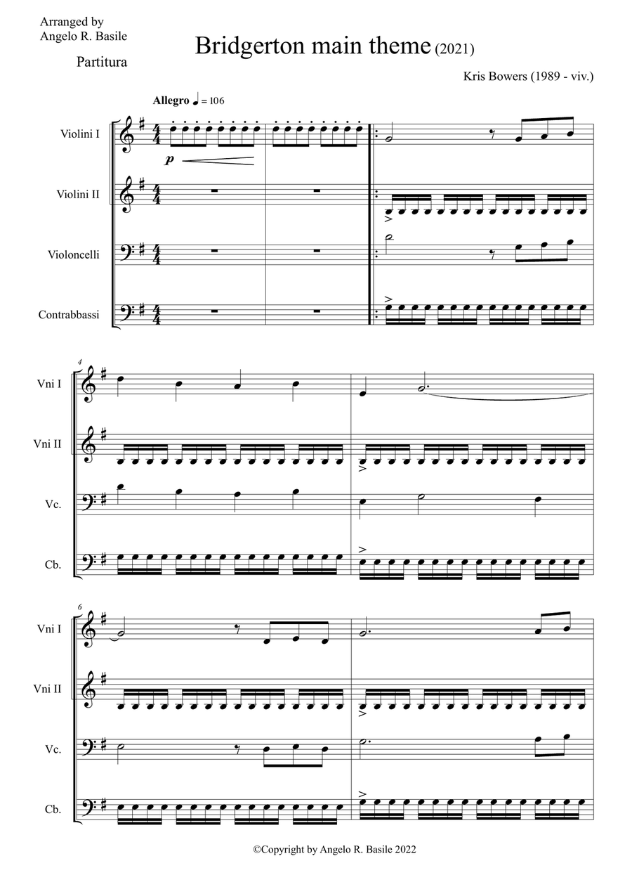 Bridgerton Main Title Bridgerton Main Title String Quartet scores gallery preview page 1