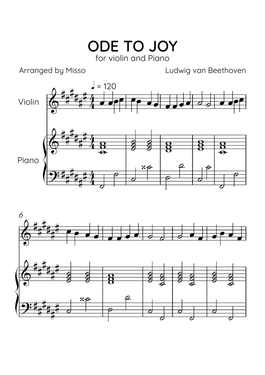 Ode to Joy - Violin and Piano in F# Major - Beginner Level - Sheet Music Violin Solo scores gallery preview page 1