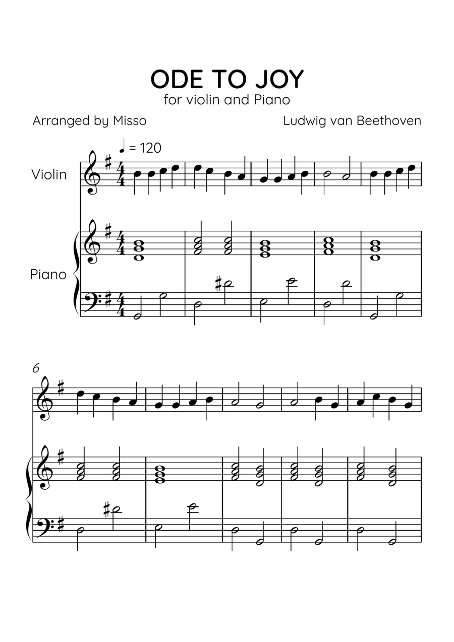 Ode to Joy - Violin and Piano in G Major - Beginner Level - Sheet Music Violin Solo scores gallery preview page 1