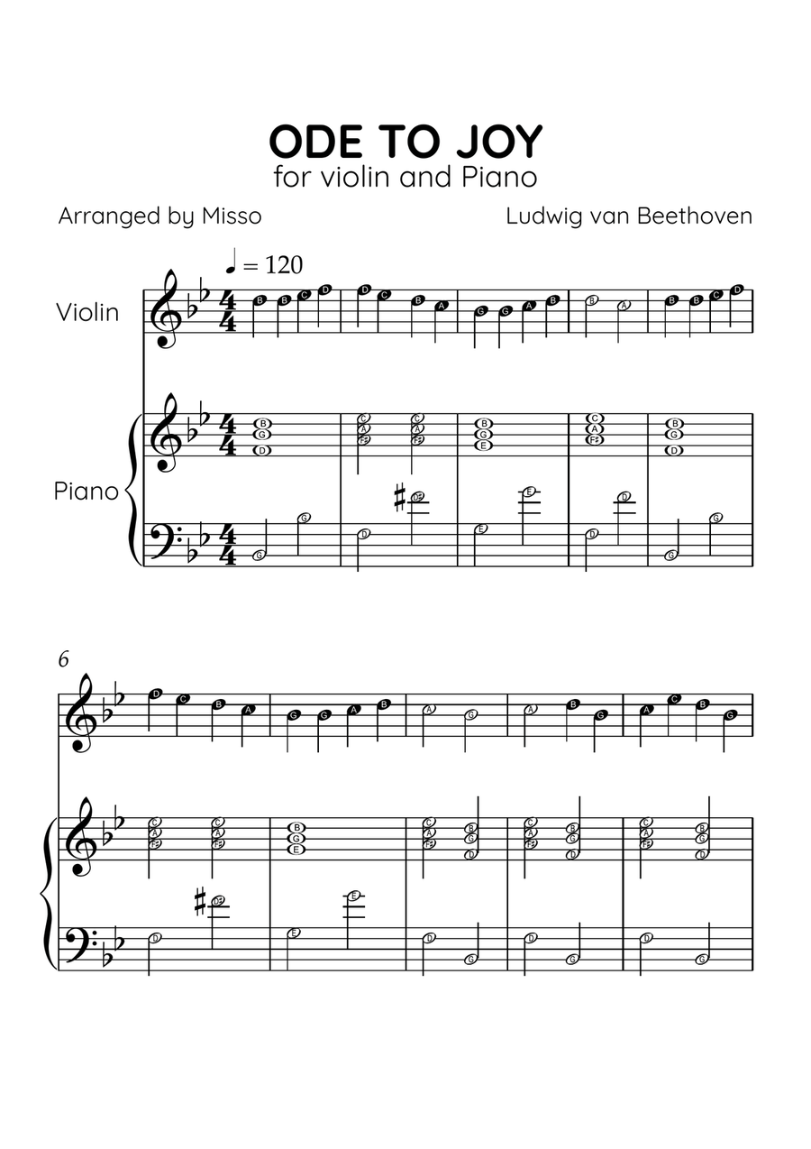 Ode to Joy - Violin and Piano in Bb Major - Beginner Level Letter Names - Sheet Music Violin Solo scores gallery preview page 1
