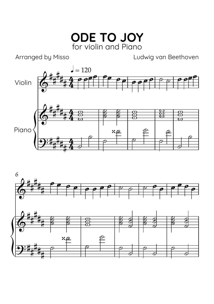 Ode to Joy - Violin and Piano in B Major - Beginner Level Letter Names - Sheet Music Violin Solo scores gallery preview page 1