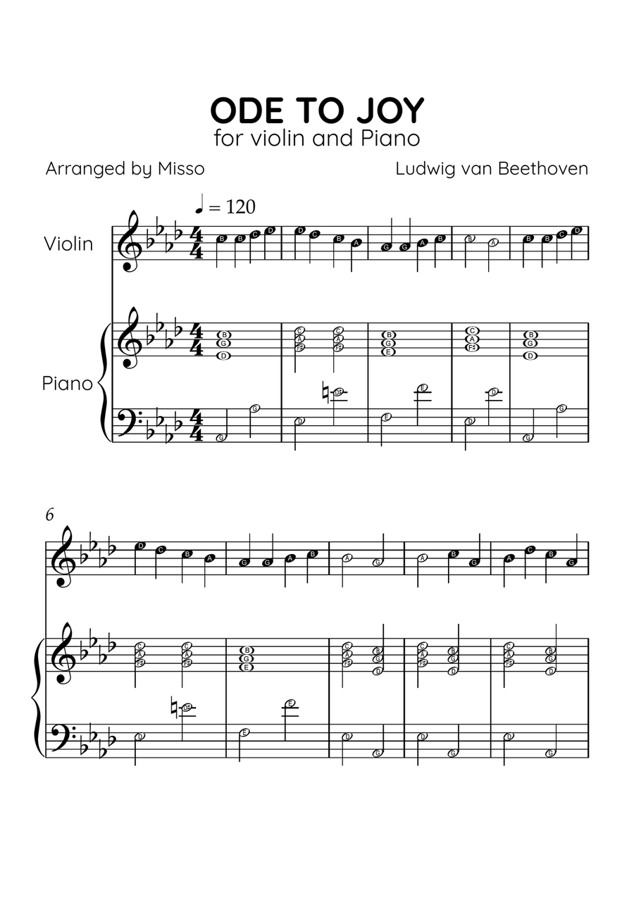 Ode to Joy - Violin and Piano in Ab Major - Beginner Level Letter Names - Sheet Music Violin Solo scores gallery preview page 1