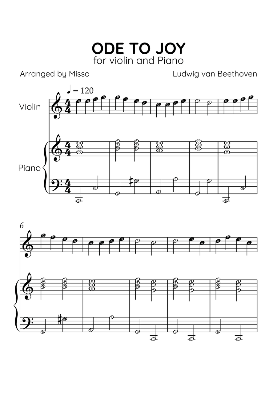 Ode to Joy - Violin and Piano in C Major - Beginner Level Letter Names - Sheet Music Violin Solo scores gallery preview page 1