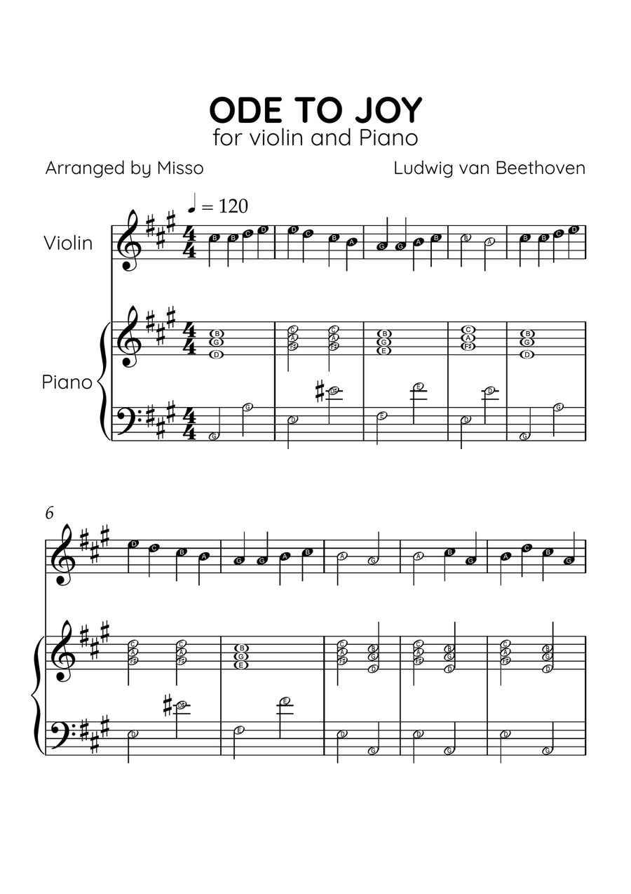 Ode to Joy - Violin and Piano in A Major - Beginner Level Letter Names - Sheet Music Violin Solo scores gallery preview page 1