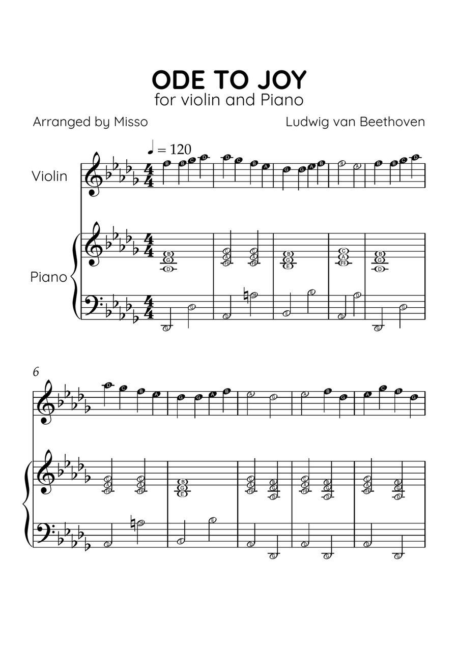 Ode to Joy - Violin and Piano in Db Major - Beginner Level Letter Names - Sheet Music Violin Solo scores gallery preview page 1