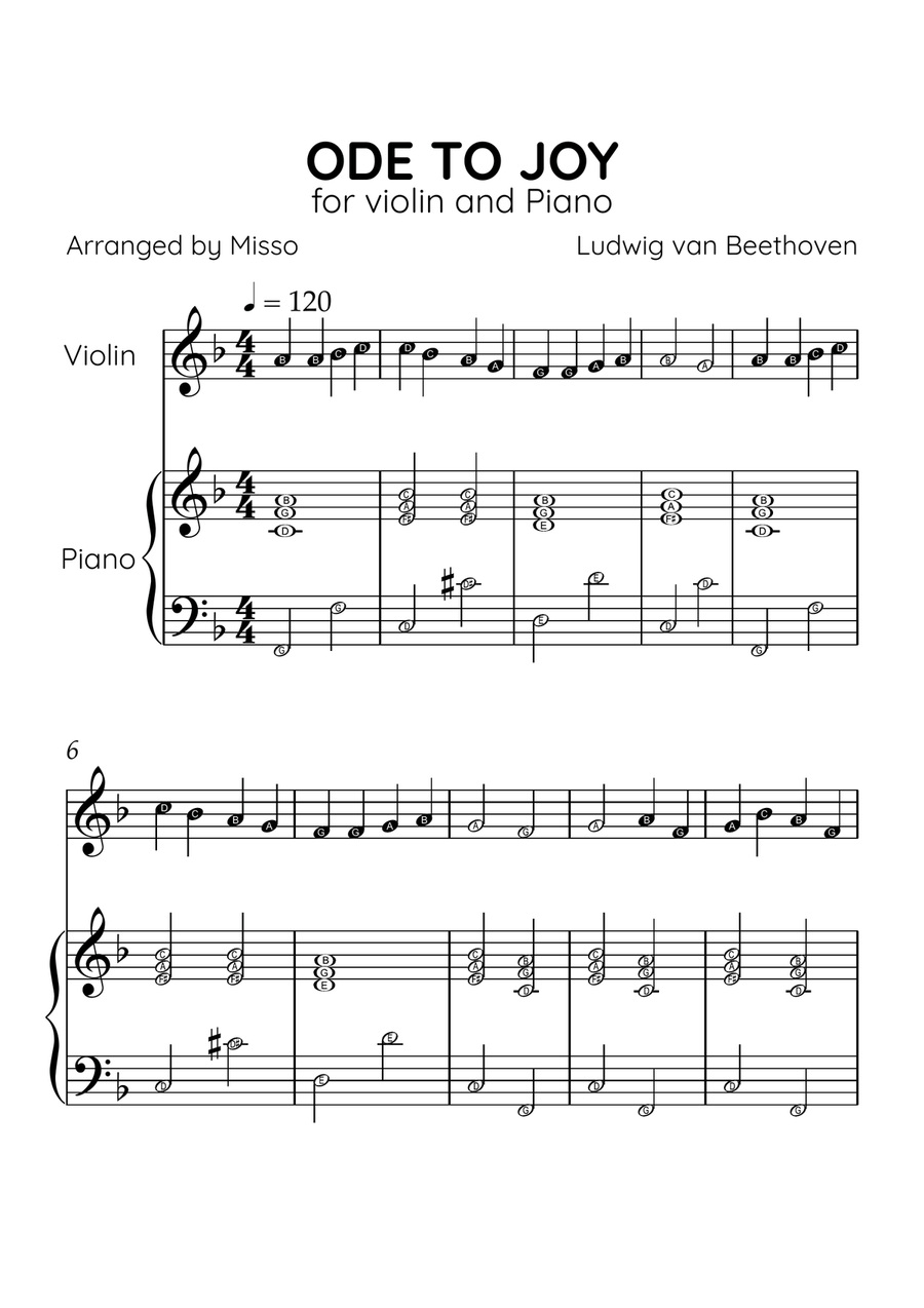 Ode to Joy - Violin and Piano in F Major - Beginner Level Letter Names - Sheet Music Violin Solo scores gallery preview page 1
