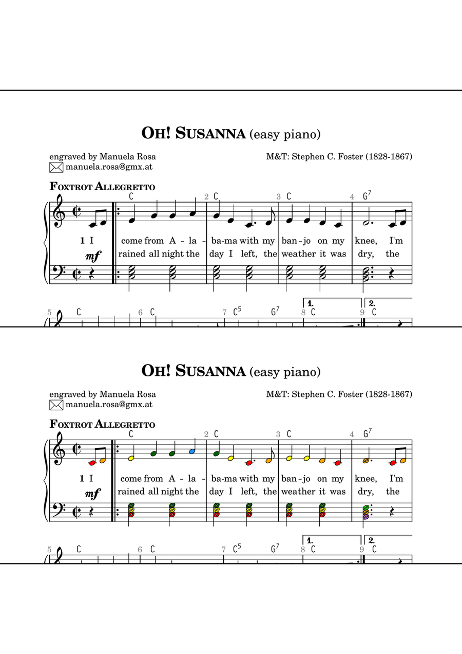 Oh! Susanna (easy piano version; full chords accompaniment) Easy Piano scores gallery preview page 1