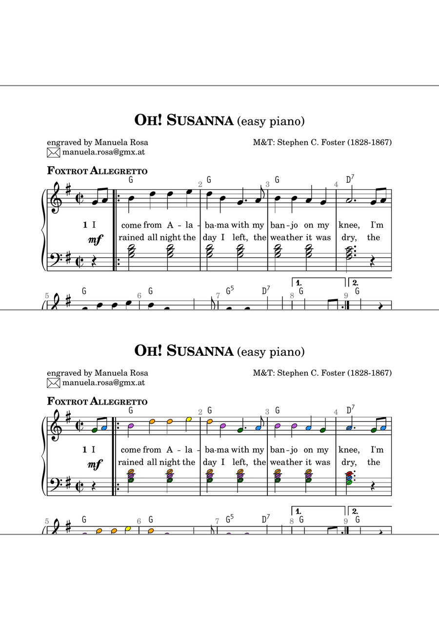 Oh! Susanna (easy piano version; full chords accompaniment) Easy Piano scores gallery preview page 2