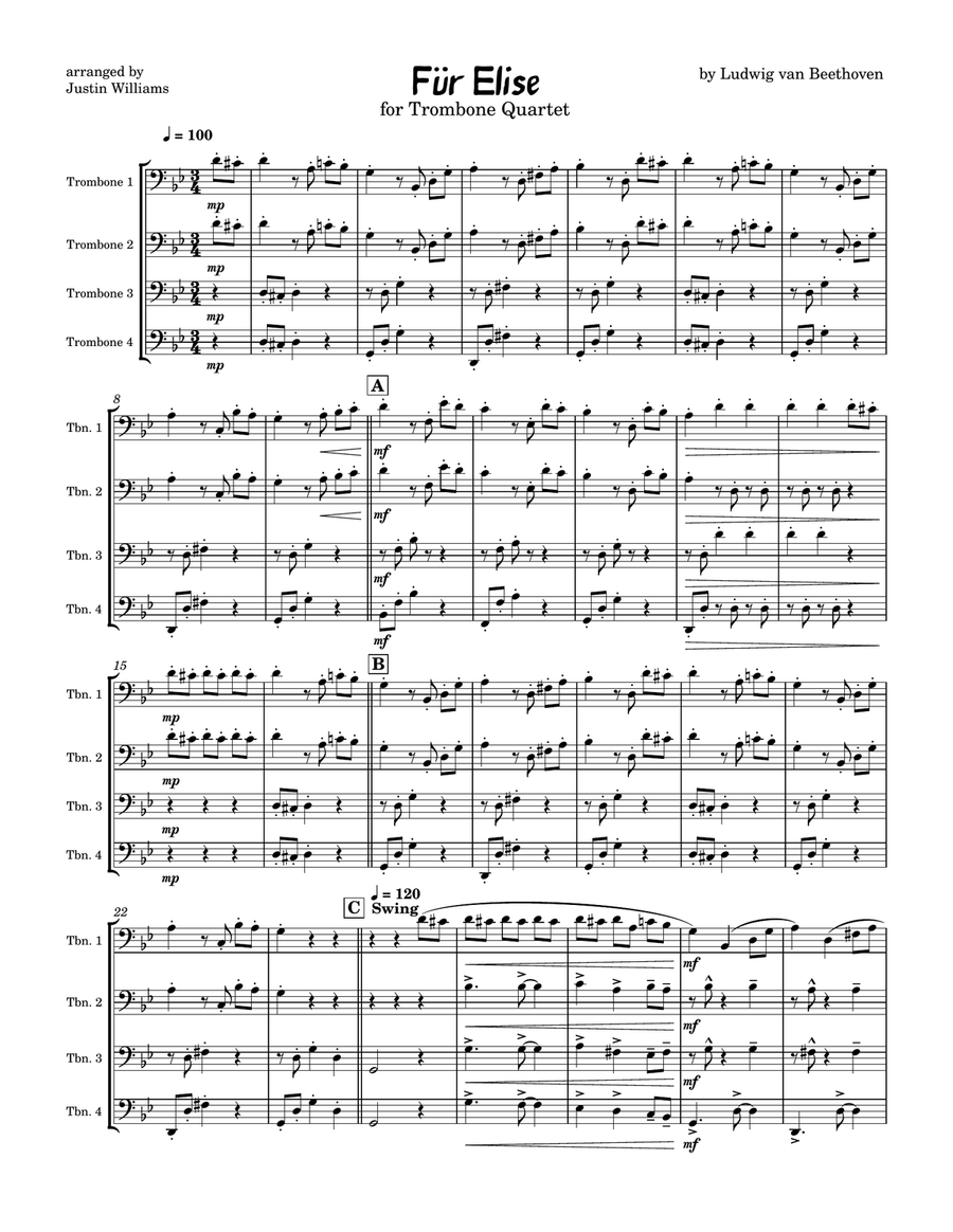 Für Elise for Trombone Quartet Brass Quartet scores gallery preview page 1