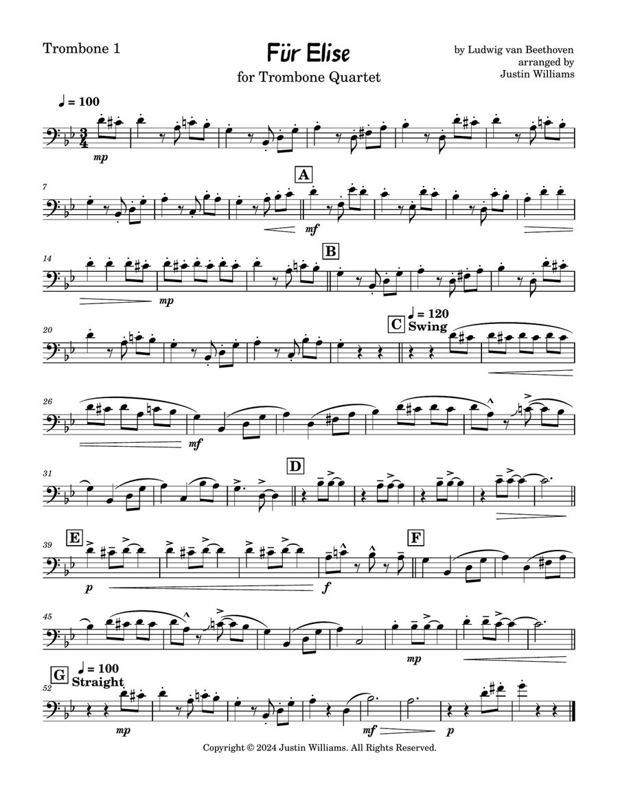 Für Elise for Trombone Quartet Brass Quartet scores gallery preview page 3