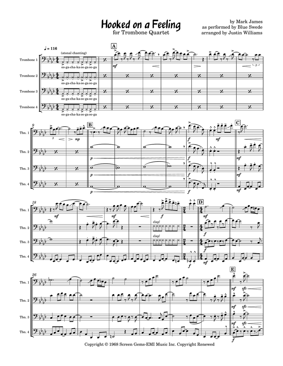 Hooked On A Feeling Hooked On A Feeling Brass Quartet scores gallery preview page 1