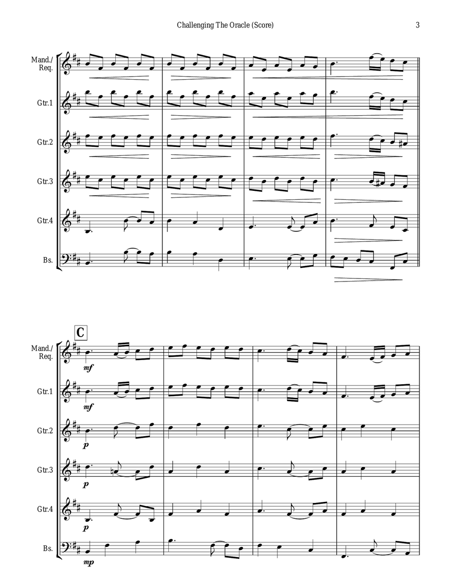 Challenging The Oracle-guitar orchestra (score & parts in standard notation with/without tablature) Guitar Ensemble scores gallery preview page 3