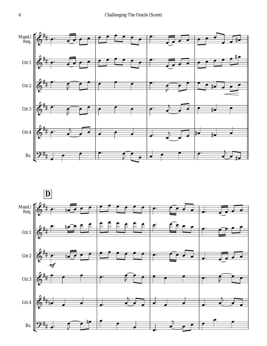 Challenging The Oracle-guitar orchestra (score & parts in standard notation with/without tablature) Guitar Ensemble scores gallery preview page 4