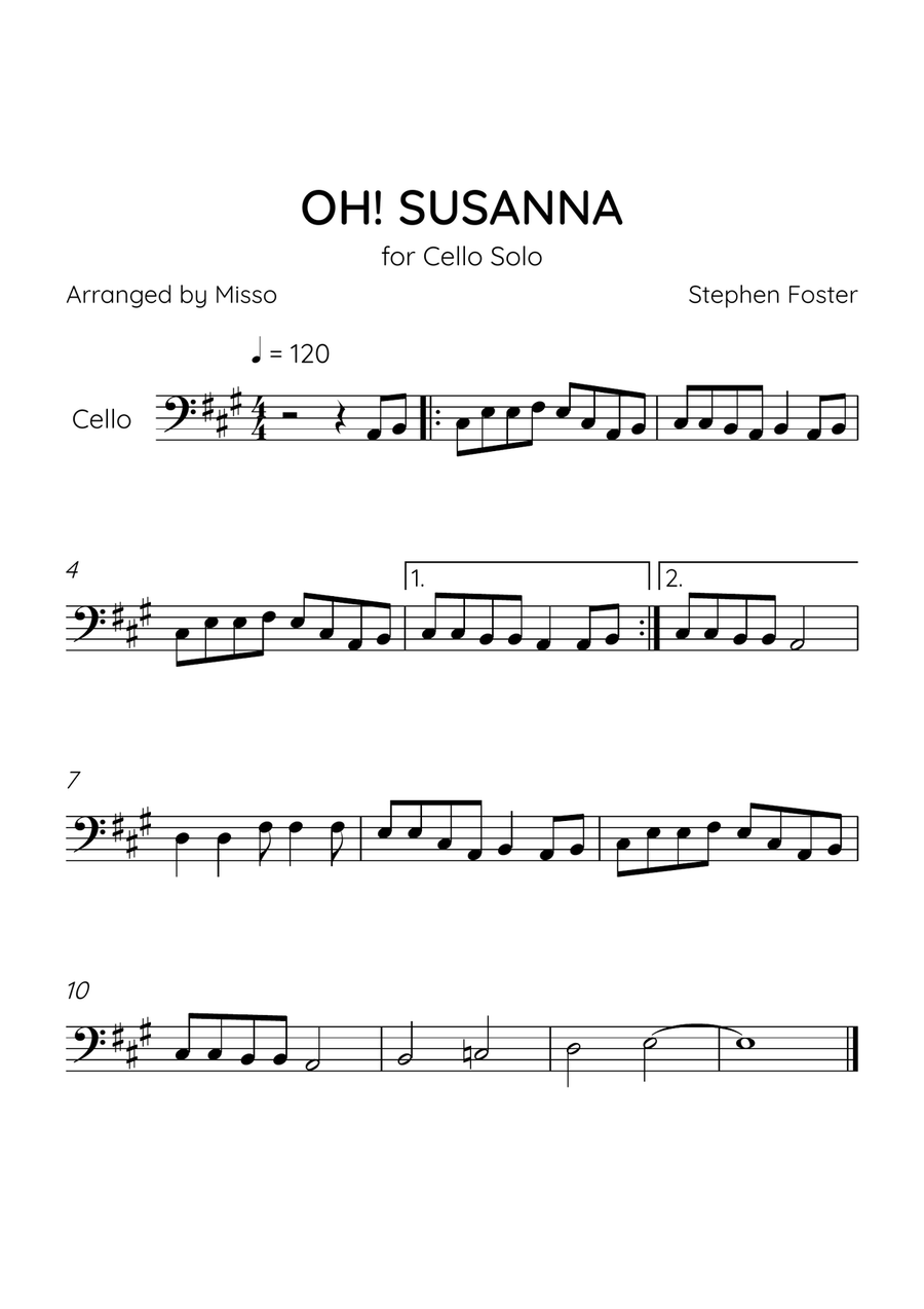 Oh! Susanna - Cello in A Major - Easy Level - Sheet Music Cello Solo scores gallery preview page 1