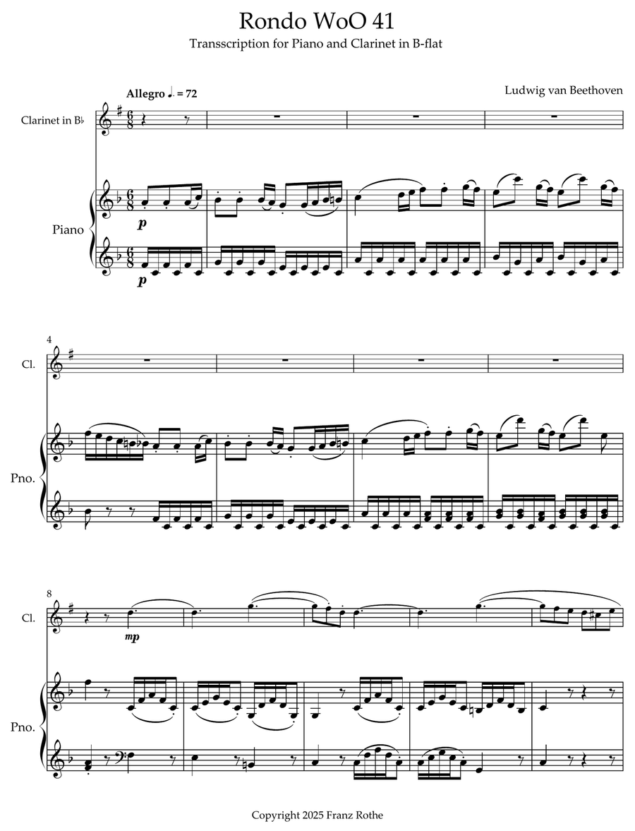 Rondo WoO 41 Transcription for Piano and Clarinet in Bb Chamber Music scores gallery preview page 1