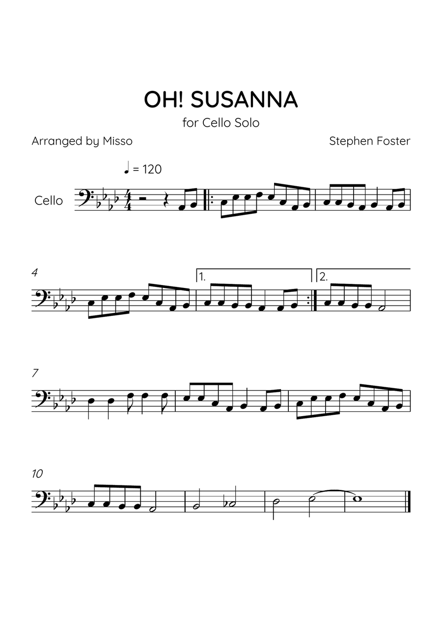 Oh! Susanna - Cello in Ab Major - Easy Level - Sheet Music Cello Solo scores gallery preview page 1