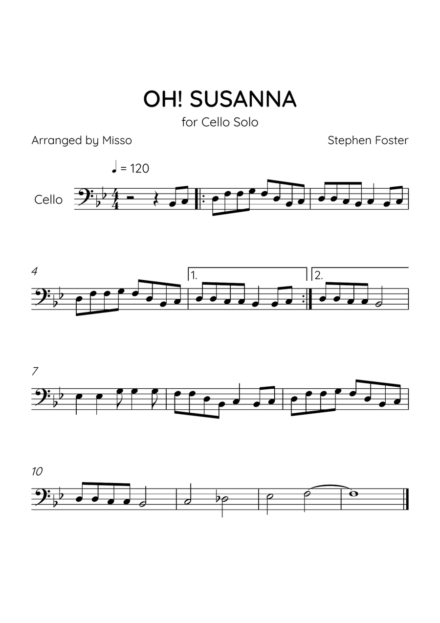 Oh! Susanna - Cello in Bb Major - Easy Level - Sheet Music Cello Solo scores gallery preview page 1