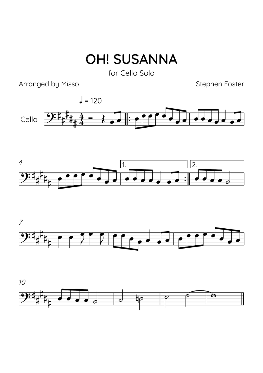 Oh! Susanna - Cello in B Major - Easy Level - Sheet Music Cello Solo scores gallery preview page 1