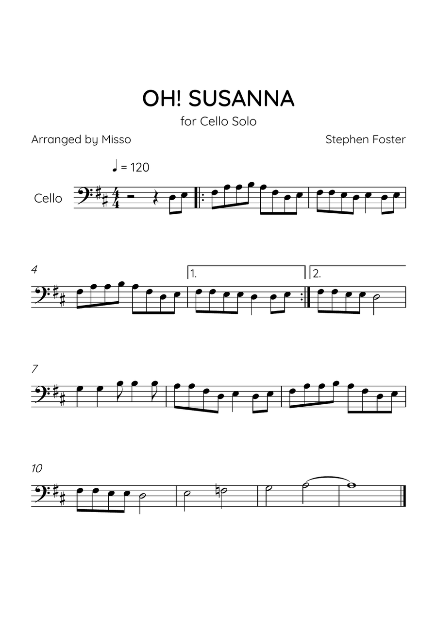 Oh! Susanna - Cello in D Major - Easy Level - Sheet Music Cello Solo scores gallery preview page 1