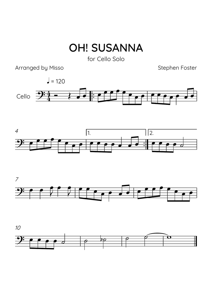 Oh! Susanna - Cello in C Major - Easy Level - Sheet Music Cello Solo scores gallery preview page 1