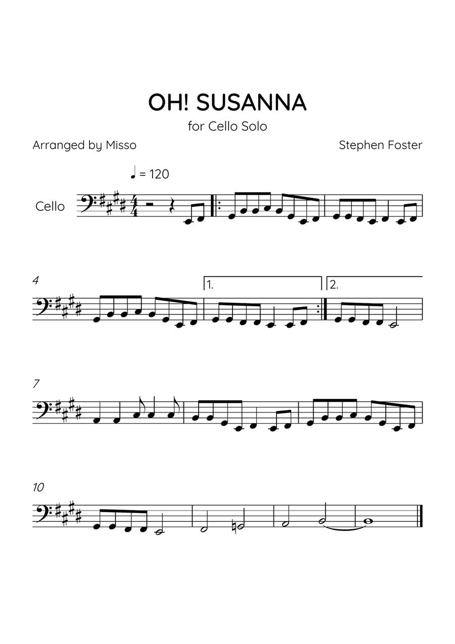 Oh! Susanna - Cello in Eb Major - Easy Level - Sheet Music Cello Solo scores gallery preview page 1