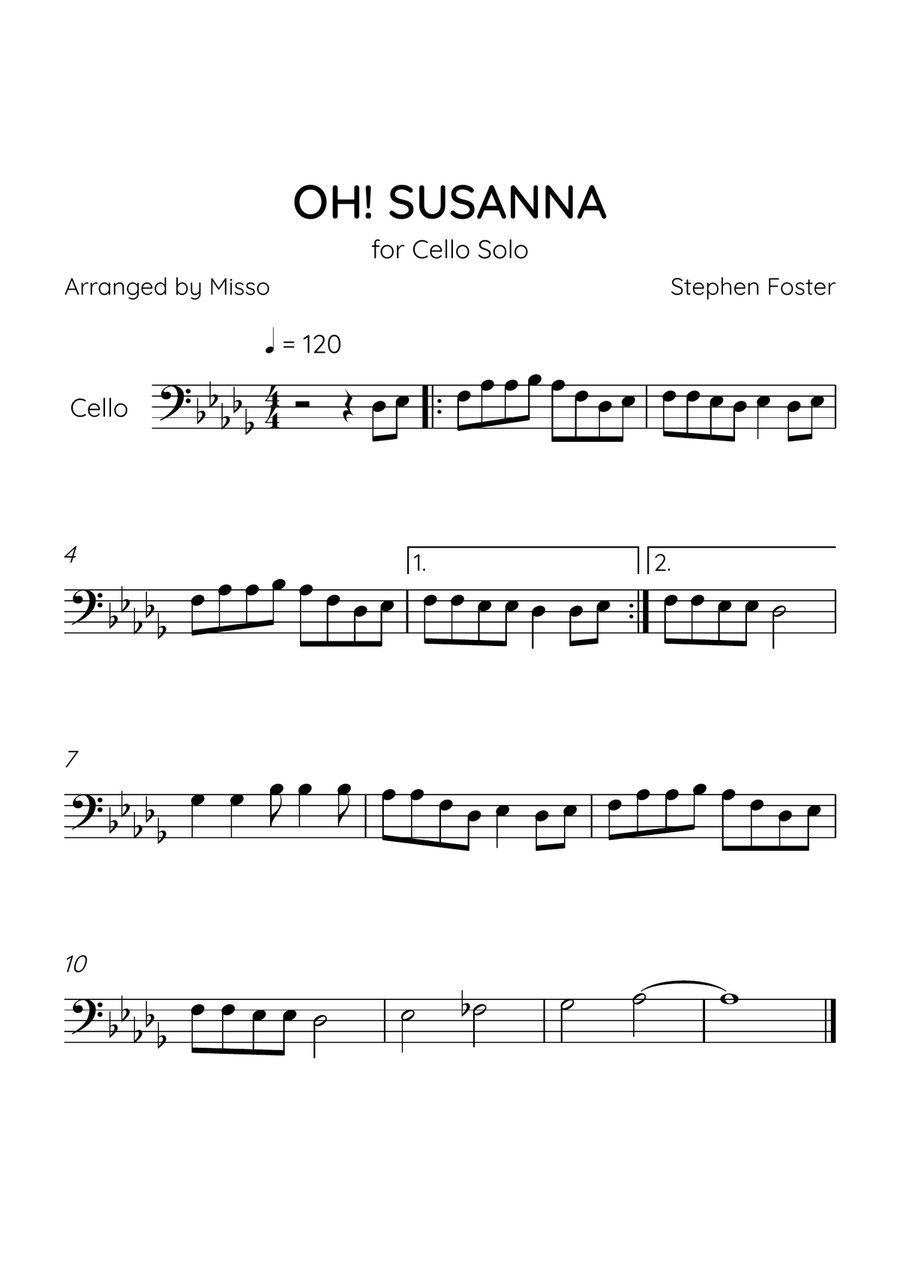 Oh! Susanna - Cello in Db Major - Easy Level - Sheet Music Cello Solo scores gallery preview page 1