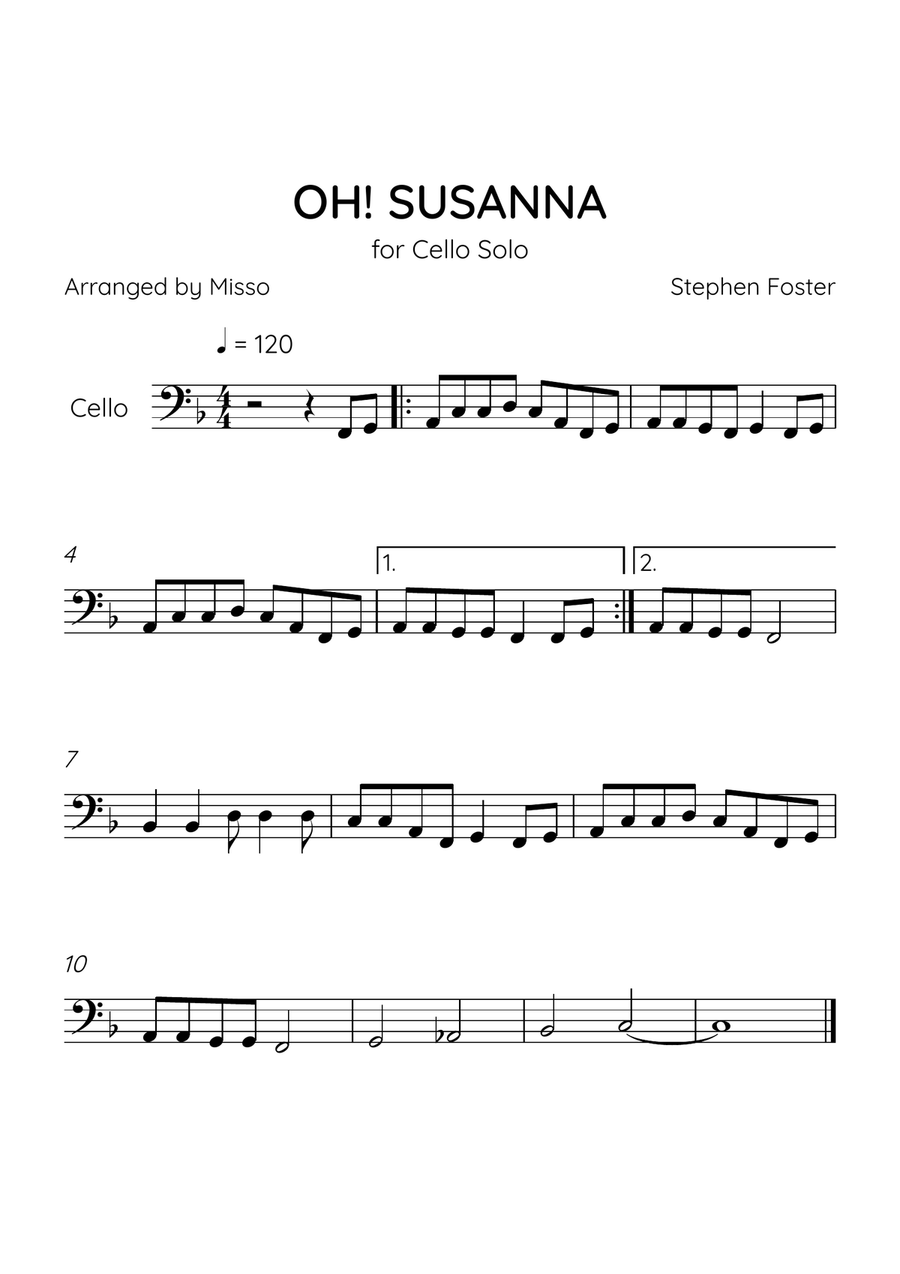 Oh! Susanna - Cello Solo in F Major - Easy Level - Sheet Music Cello Solo scores gallery preview page 1